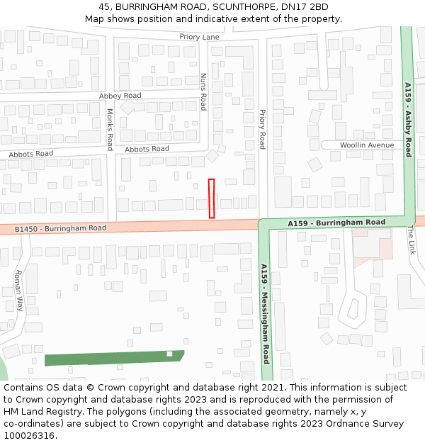 45, BURRINGHAM ROAD, SCUNTHORPE, DN17 2BD: Location map and indicative extent of plot