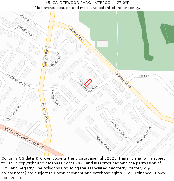 45, CALDERWOOD PARK, LIVERPOOL, L27 0YE: Location map and indicative extent of plot
