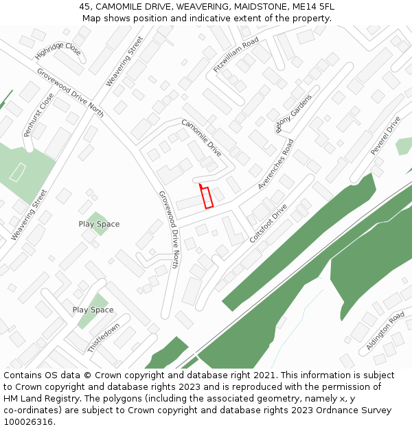 45, CAMOMILE DRIVE, WEAVERING, MAIDSTONE, ME14 5FL: Location map and indicative extent of plot