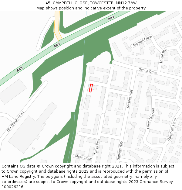 45, CAMPBELL CLOSE, TOWCESTER, NN12 7AW: Location map and indicative extent of plot
