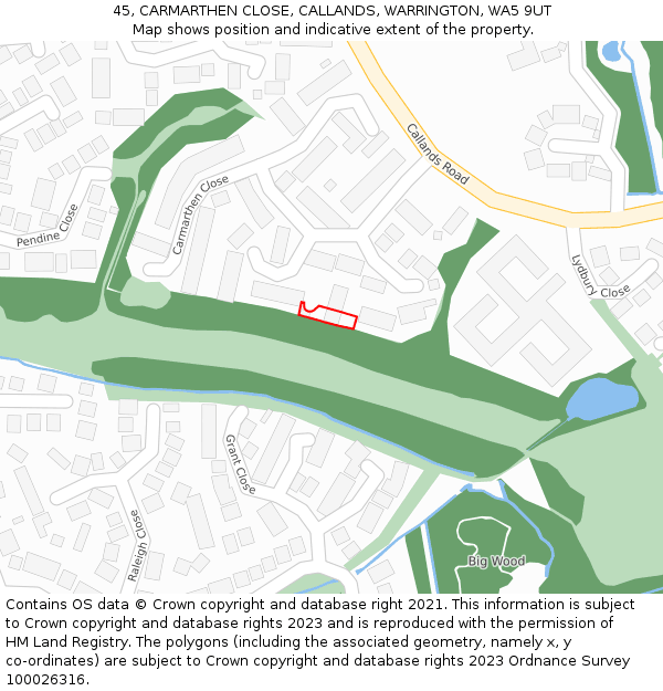 45, CARMARTHEN CLOSE, CALLANDS, WARRINGTON, WA5 9UT: Location map and indicative extent of plot