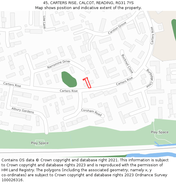 45, CARTERS RISE, CALCOT, READING, RG31 7YS: Location map and indicative extent of plot