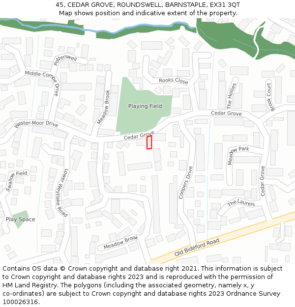 45, CEDAR GROVE, ROUNDSWELL, BARNSTAPLE, EX31 3QT: Location map and indicative extent of plot