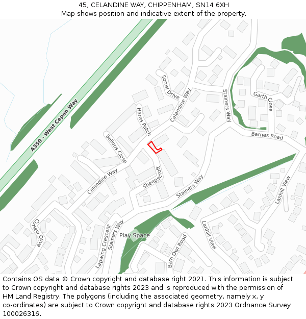 45, CELANDINE WAY, CHIPPENHAM, SN14 6XH: Location map and indicative extent of plot