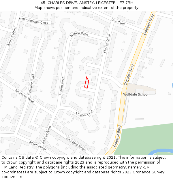 45, CHARLES DRIVE, ANSTEY, LEICESTER, LE7 7BH: Location map and indicative extent of plot