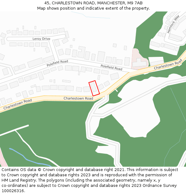 45, CHARLESTOWN ROAD, MANCHESTER, M9 7AB: Location map and indicative extent of plot