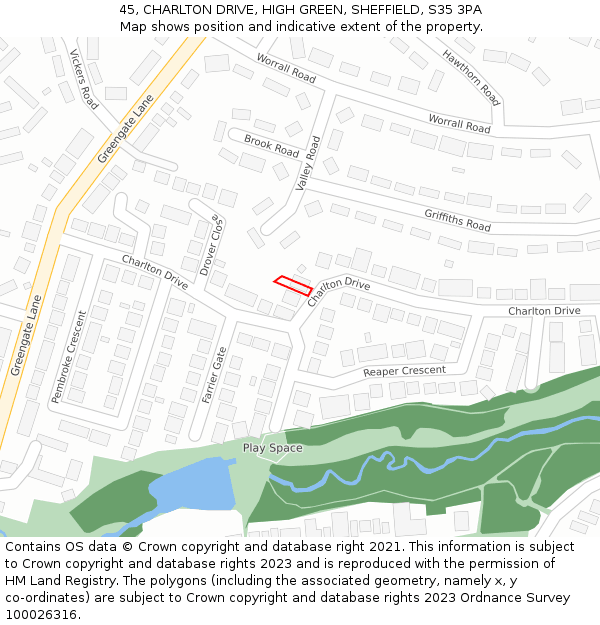 45, CHARLTON DRIVE, HIGH GREEN, SHEFFIELD, S35 3PA: Location map and indicative extent of plot