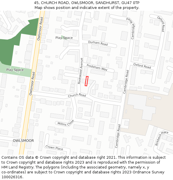 45, CHURCH ROAD, OWLSMOOR, SANDHURST, GU47 0TP: Location map and indicative extent of plot