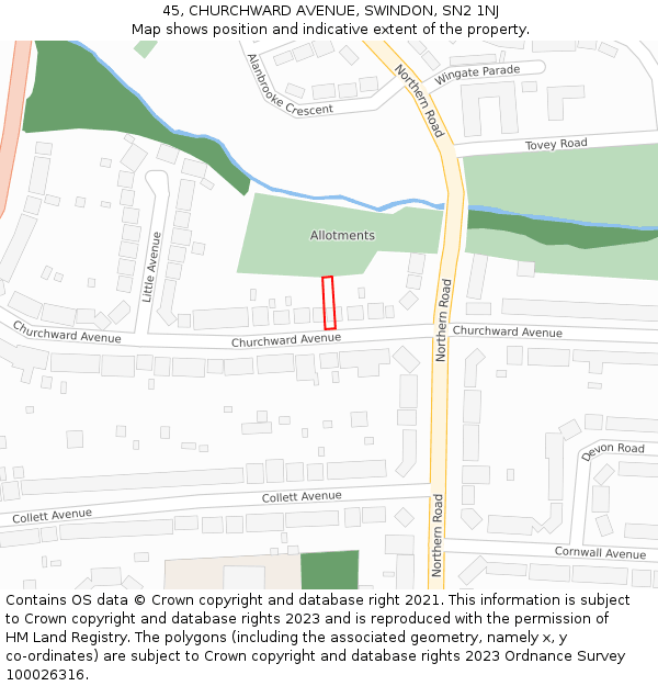45, CHURCHWARD AVENUE, SWINDON, SN2 1NJ: Location map and indicative extent of plot