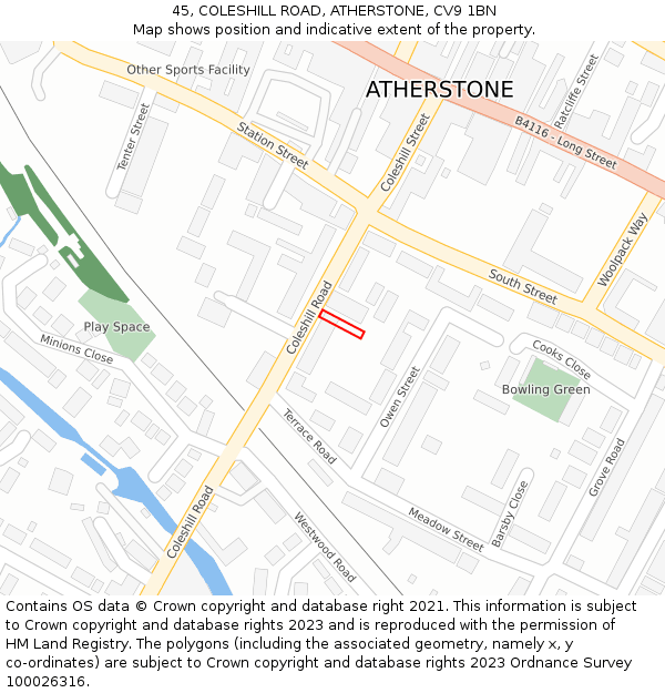 45, COLESHILL ROAD, ATHERSTONE, CV9 1BN: Location map and indicative extent of plot