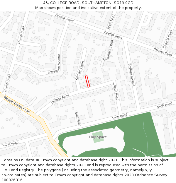 45, COLLEGE ROAD, SOUTHAMPTON, SO19 9GD: Location map and indicative extent of plot