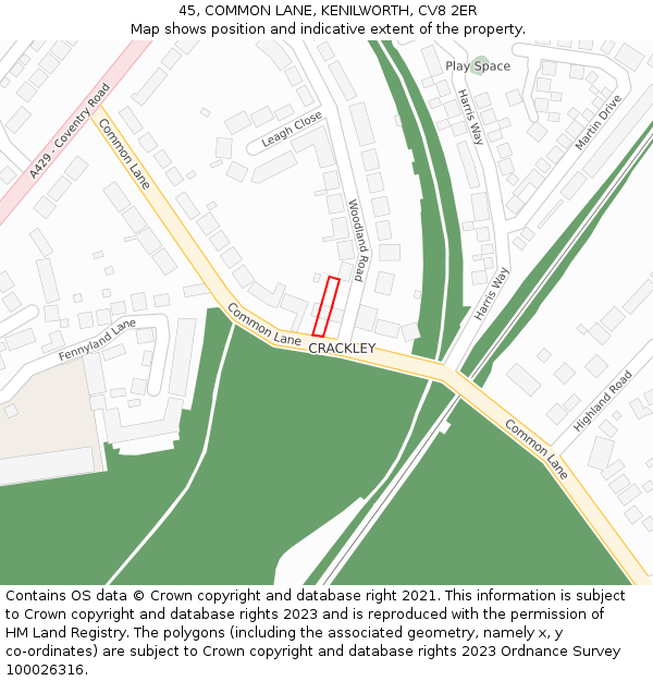 45, COMMON LANE, KENILWORTH, CV8 2ER: Location map and indicative extent of plot