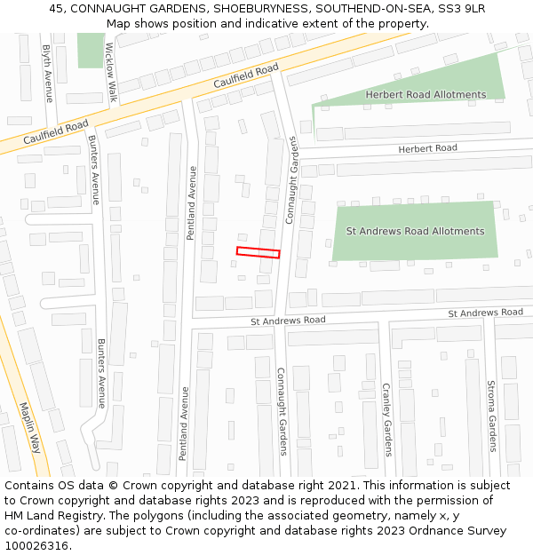 45, CONNAUGHT GARDENS, SHOEBURYNESS, SOUTHEND-ON-SEA, SS3 9LR: Location map and indicative extent of plot