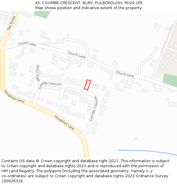 45, COOMBE CRESCENT, BURY, PULBOROUGH, RH20 1PE: Location map and indicative extent of plot