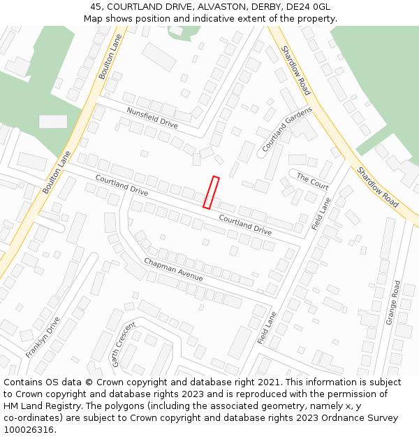 45, COURTLAND DRIVE, ALVASTON, DERBY, DE24 0GL: Location map and indicative extent of plot