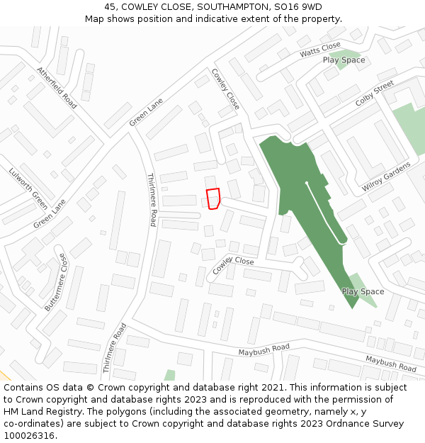 45, COWLEY CLOSE, SOUTHAMPTON, SO16 9WD: Location map and indicative extent of plot