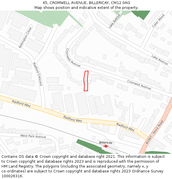 45, CROMWELL AVENUE, BILLERICAY, CM12 0AG: Location map and indicative extent of plot