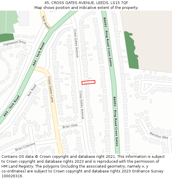 45, CROSS GATES AVENUE, LEEDS, LS15 7QF: Location map and indicative extent of plot