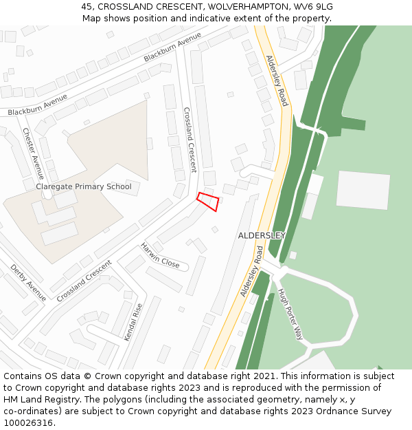 45, CROSSLAND CRESCENT, WOLVERHAMPTON, WV6 9LG: Location map and indicative extent of plot