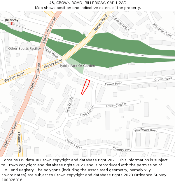 45, CROWN ROAD, BILLERICAY, CM11 2AD: Location map and indicative extent of plot