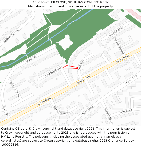 45, CROWTHER CLOSE, SOUTHAMPTON, SO19 1BX: Location map and indicative extent of plot
