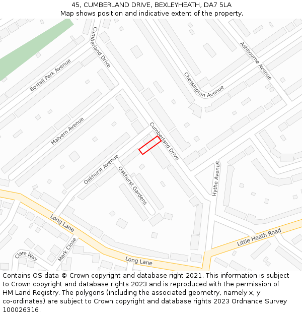 45, CUMBERLAND DRIVE, BEXLEYHEATH, DA7 5LA: Location map and indicative extent of plot
