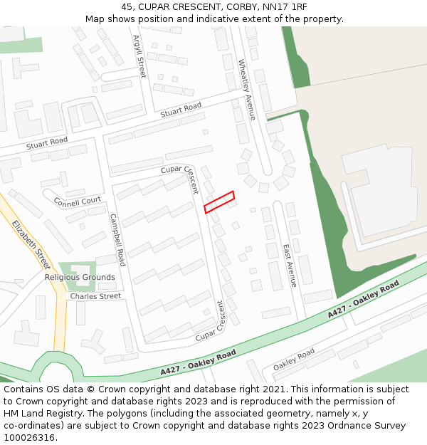 45, CUPAR CRESCENT, CORBY, NN17 1RF: Location map and indicative extent of plot
