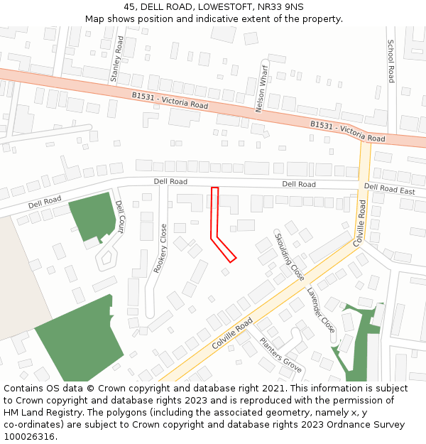 45, DELL ROAD, LOWESTOFT, NR33 9NS: Location map and indicative extent of plot