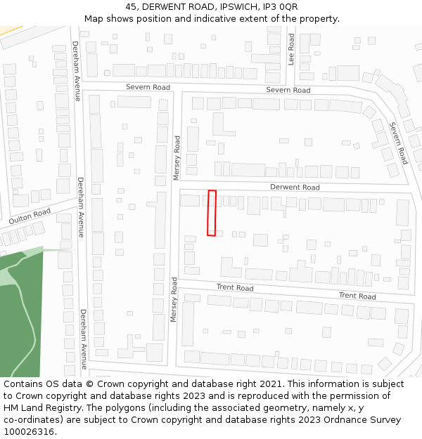 45, DERWENT ROAD, IPSWICH, IP3 0QR: Location map and indicative extent of plot