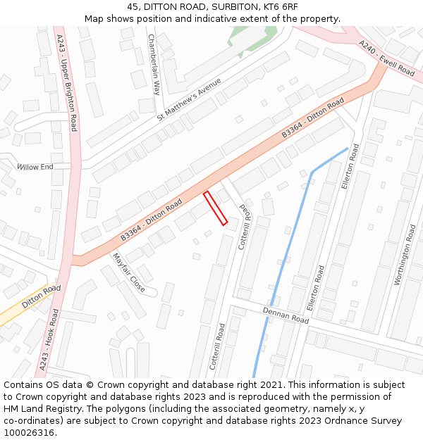 45, DITTON ROAD, SURBITON, KT6 6RF: Location map and indicative extent of plot