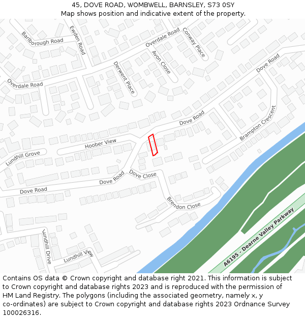 45, DOVE ROAD, WOMBWELL, BARNSLEY, S73 0SY: Location map and indicative extent of plot