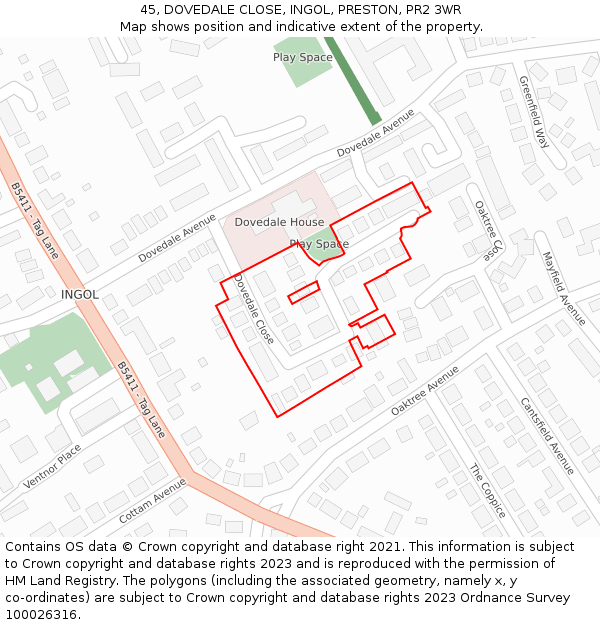 45, DOVEDALE CLOSE, INGOL, PRESTON, PR2 3WR: Location map and indicative extent of plot
