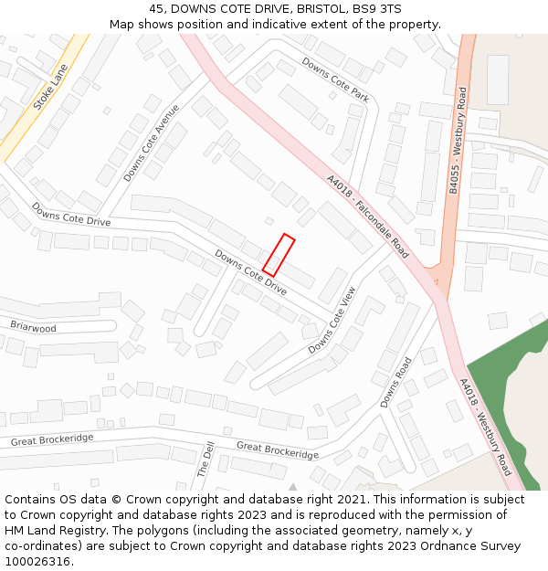45, DOWNS COTE DRIVE, BRISTOL, BS9 3TS: Location map and indicative extent of plot