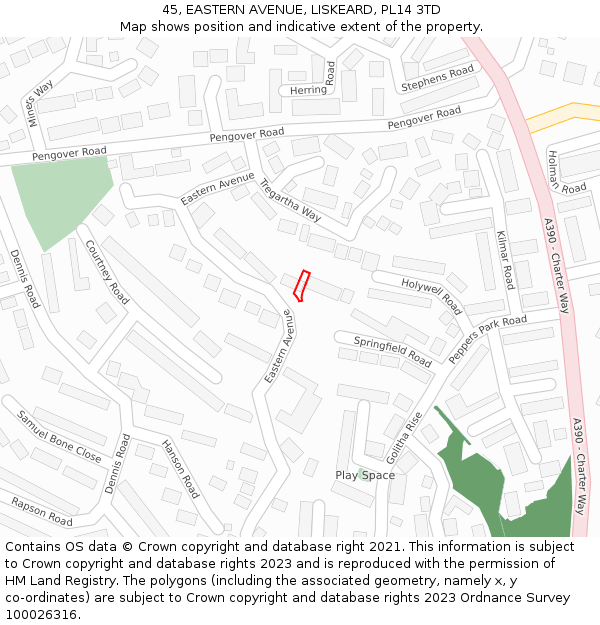 45, EASTERN AVENUE, LISKEARD, PL14 3TD: Location map and indicative extent of plot