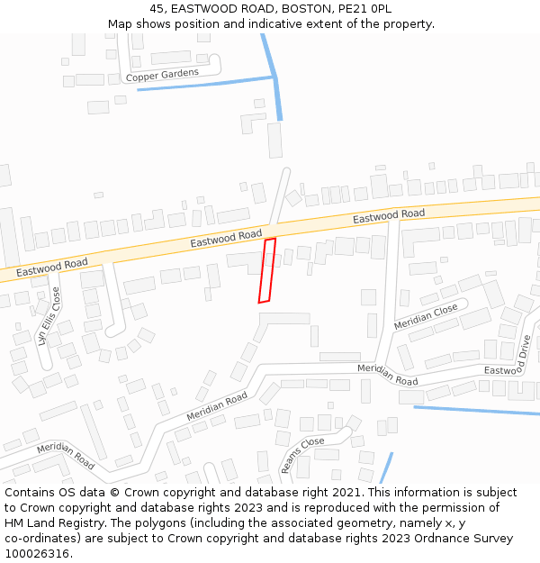 45, EASTWOOD ROAD, BOSTON, PE21 0PL: Location map and indicative extent of plot