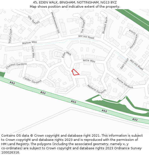 45, EDEN WALK, BINGHAM, NOTTINGHAM, NG13 8YZ: Location map and indicative extent of plot