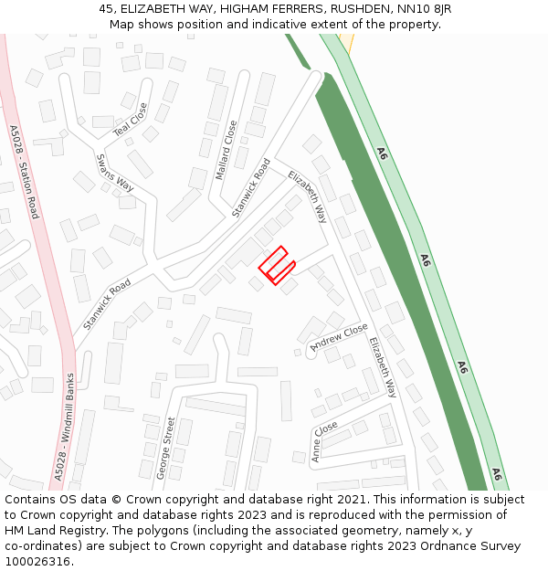 45, ELIZABETH WAY, HIGHAM FERRERS, RUSHDEN, NN10 8JR: Location map and indicative extent of plot