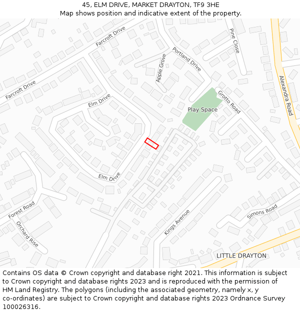 45, ELM DRIVE, MARKET DRAYTON, TF9 3HE: Location map and indicative extent of plot
