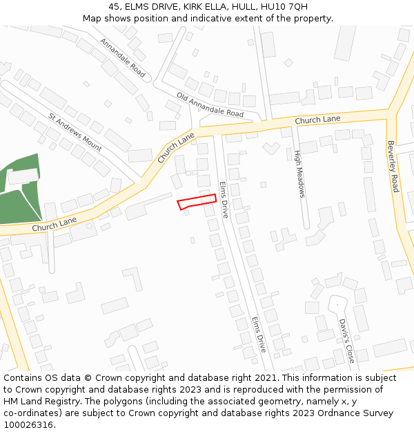 45, ELMS DRIVE, KIRK ELLA, HULL, HU10 7QH: Location map and indicative extent of plot