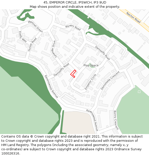 45, EMPEROR CIRCLE, IPSWICH, IP3 9UD: Location map and indicative extent of plot