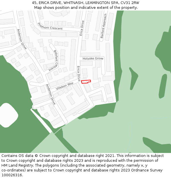 45, ERICA DRIVE, WHITNASH, LEAMINGTON SPA, CV31 2RW: Location map and indicative extent of plot