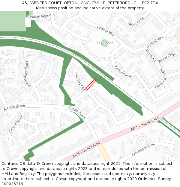 45, FARRIERS COURT, ORTON LONGUEVILLE, PETERBOROUGH, PE2 7DX: Location map and indicative extent of plot