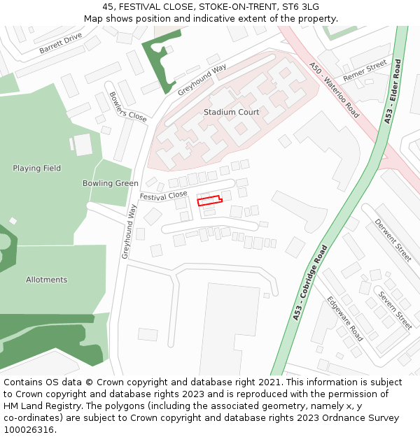 45, FESTIVAL CLOSE, STOKE-ON-TRENT, ST6 3LG: Location map and indicative extent of plot
