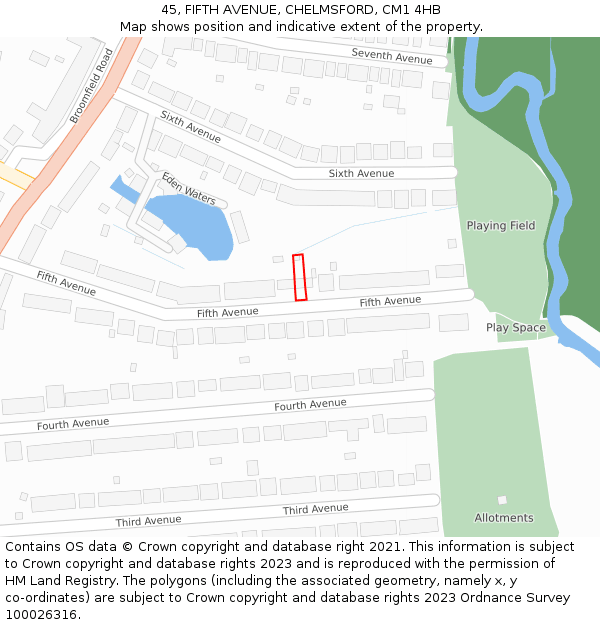 45, FIFTH AVENUE, CHELMSFORD, CM1 4HB: Location map and indicative extent of plot