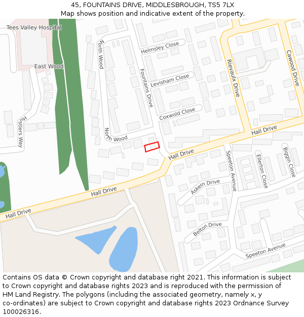 45, FOUNTAINS DRIVE, MIDDLESBROUGH, TS5 7LX: Location map and indicative extent of plot