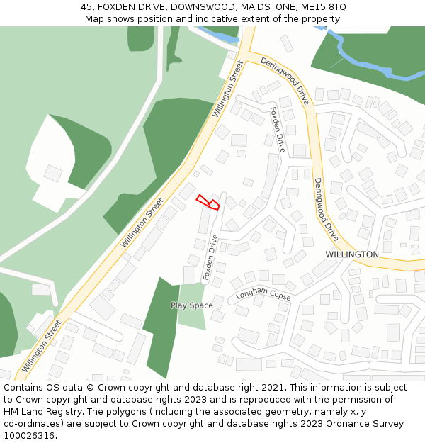 45, FOXDEN DRIVE, DOWNSWOOD, MAIDSTONE, ME15 8TQ: Location map and indicative extent of plot