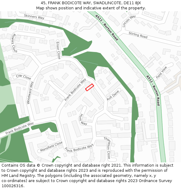 45, FRANK BODICOTE WAY, SWADLINCOTE, DE11 8JX: Location map and indicative extent of plot