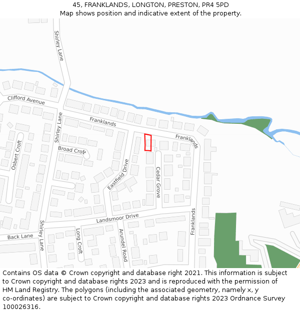 45, FRANKLANDS, LONGTON, PRESTON, PR4 5PD: Location map and indicative extent of plot