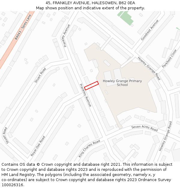 45, FRANKLEY AVENUE, HALESOWEN, B62 0EA: Location map and indicative extent of plot