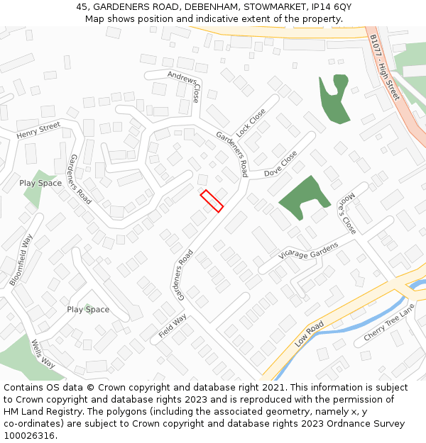 45, GARDENERS ROAD, DEBENHAM, STOWMARKET, IP14 6QY: Location map and indicative extent of plot